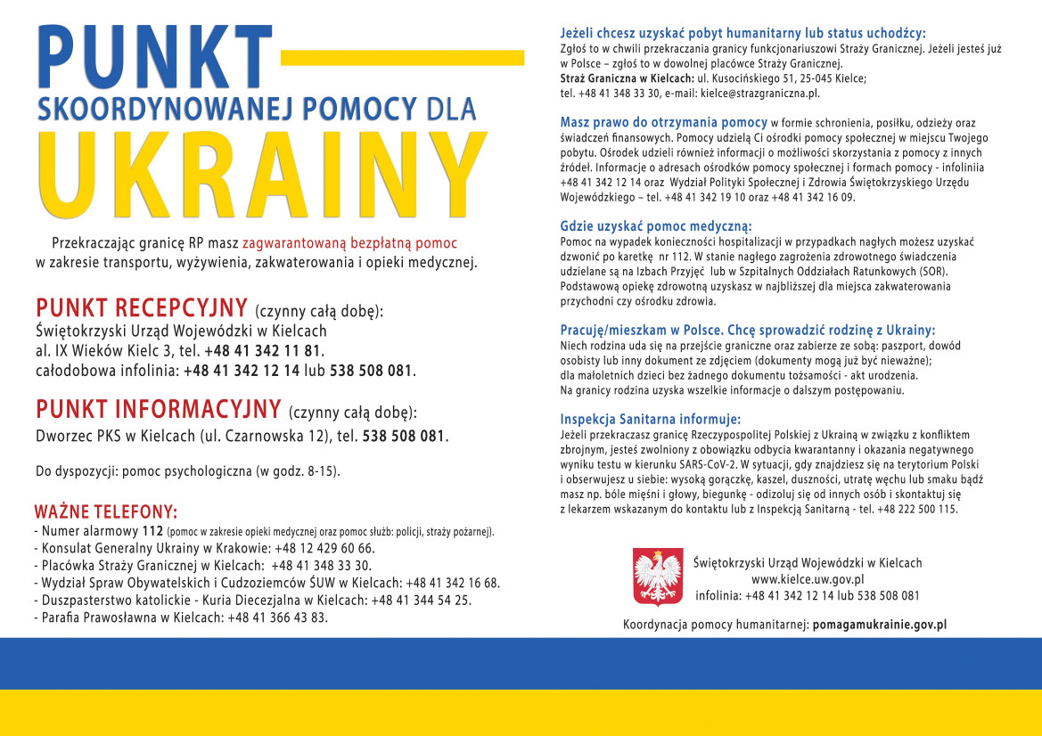 Grafika z informacjami o punkcie skoordynowanej pomocy dla Ukrainy w języku polskim